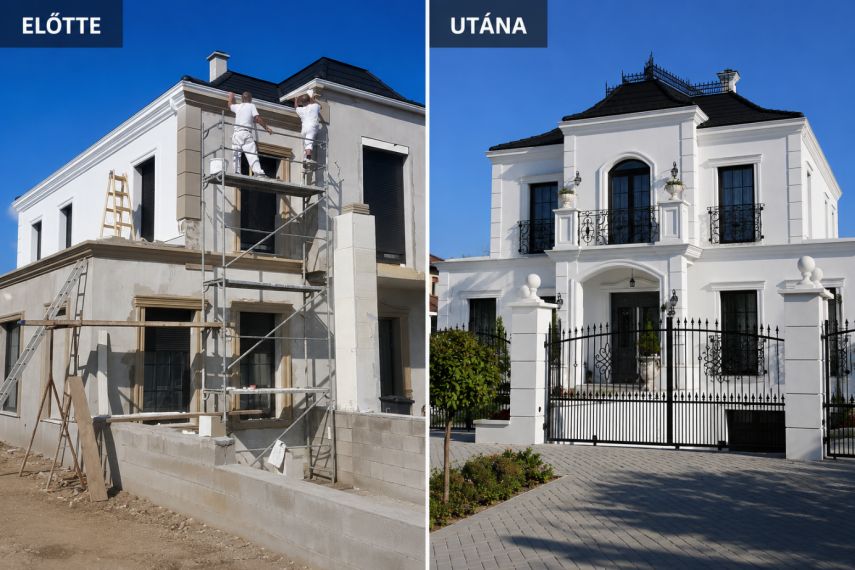 Ugyanaz az épület ablakkeretező stukkó nélkül és homlokzati stukkóval.